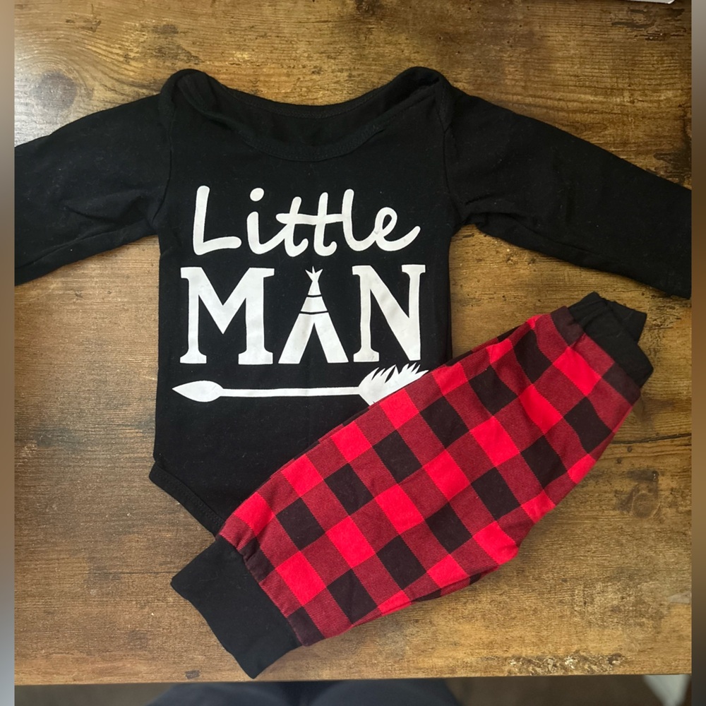 Little Man Black and Red Plaid Baby Set